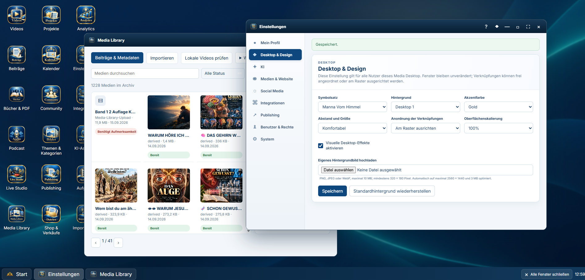 Manna From Heaven media desktop with media library and settings