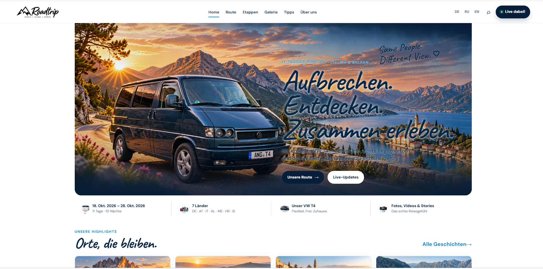 Startseite der Roadtrip-Plattform mit VW T4, Route und Reiseinformationen